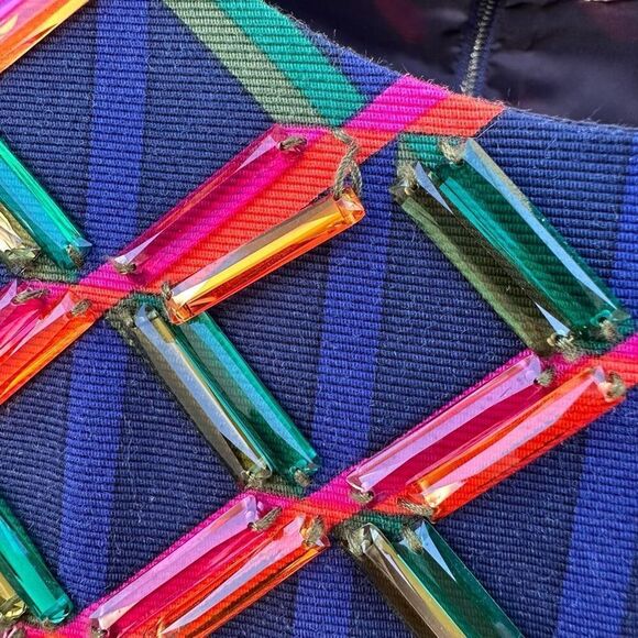 Trina Turk Navy Red Geometric‎ Short Sleeves Beaded Shift Dress Size 10 - Picture 7 of 7